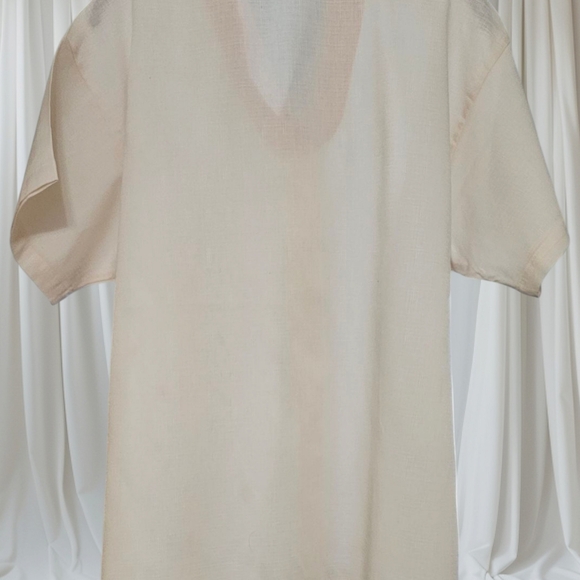 Korean Made Linen Cream and Pink Button-Up Blouse with Screen Print Design - Picture 7 of 9